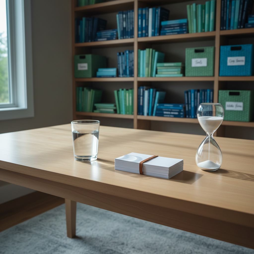 A therapeutic workspace showcases a light-wood desk with a smooth, matte surface, holding a glass of water, a stack of neatly arranged index cards, and a small sand timer mid-flow. Behind the desk, organized shelves contain color-coded therapy books and neatly labeled storage boxes in soothing blues and greens. Cool natural daylight enters from the side, creating soft, directional lighting and subtle reflections on the glass. The atmosphere feels grounded, professional, and reassuring. Photographic realism, shot at eye level with moderate depth of field, keeps the desk in sharp focus while gently blurring the shelves, hinting at structured, holistic support in talk and yoga therapy.