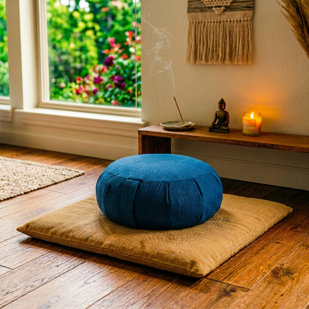 Meditation cushions on wooden floor near potted plants, incense, candle, Buddha statue, and books